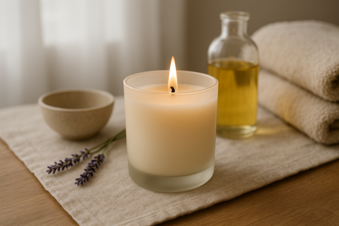 Bougie parfumée naturelle allumée dans une ambiance cocooning beige