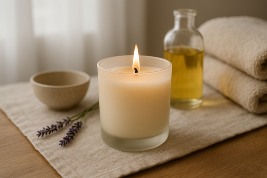 Bougie parfumée naturelle allumée dans une ambiance cocooning beige