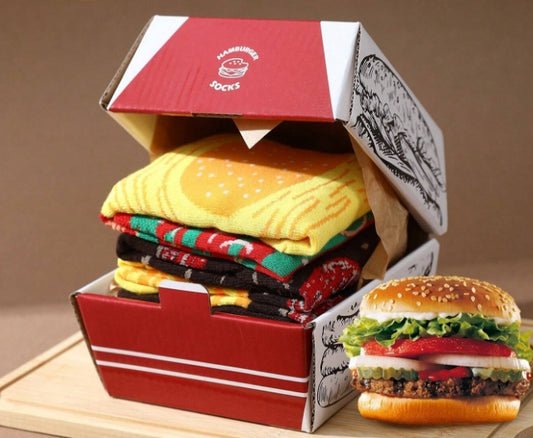 Chaussettes Burger Originales - Accessoire Fun et Gourmand en Boîte à Burger